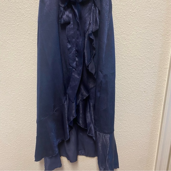 Lulu's Navy Satin Midi Wrap Dress Wrapped Up In Love Flutter Sleeve XS Party - Picture 6 of 11